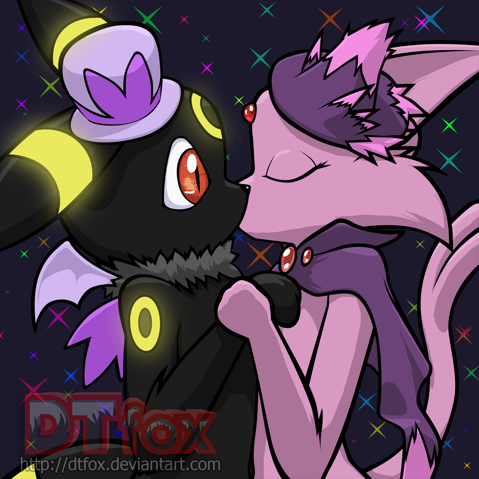 An anthro Espeon gives a surprise kiss to an anthro Umbreon during a costume party