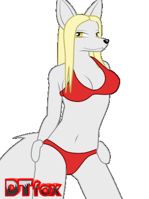 A white furry fox girl posing in a red bikini