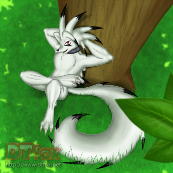 A furry boy sitting against a tree
