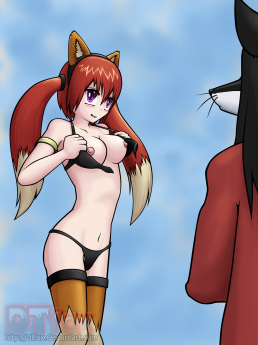 An anime girl with red hair wearing fox ears and unclasping her bra in order to impress a furry fox