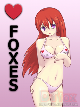 An anime girl with red hair wearing a bikini that says "heart foxes"