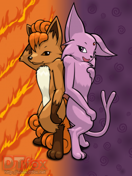 A furry anthro Vulpix and an anthro Espeon standing back to back looking at the viewer