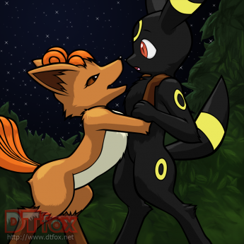 A furry Vulpix hangs onto a furry Umbreon's shoulders with eyes full of desire