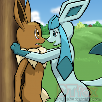 A furry Glaceon pins an anthro Eevee against a tree smiling as Eevee blushes