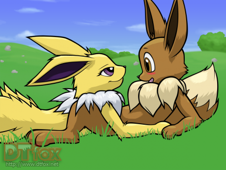 A furry Jolteon looks lovingly into an anthro Eevee's eyes