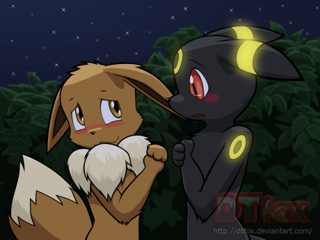 Eevee and Umbreon stare shyly at each other while blushing