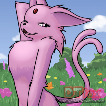 A furry anthro Espeon posing with a teasing expression