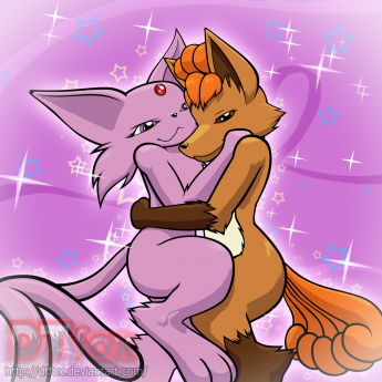 Espeon and Vulpix hug each other while staring seductively at the viewer