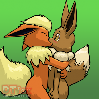 A furry Flareon gives a deep kiss to a startled anthro Eevee