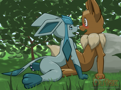 Hiding in a bush, an anthro Glaceon corners a shy and excited anthro Eevee.