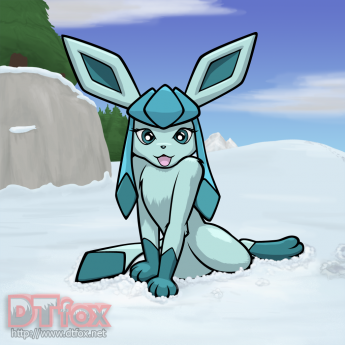 A furry anthro Glaceon sitting in the snow looking excitedly at the viewe