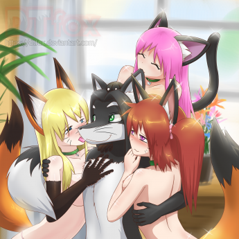 Two naked kitsunemimi girls and a nekomimi girl show affection to their male anthro furry fox