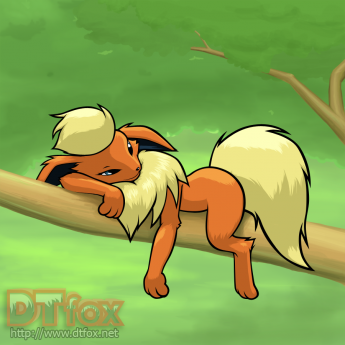 An anthro Flareon resting on a tree branch