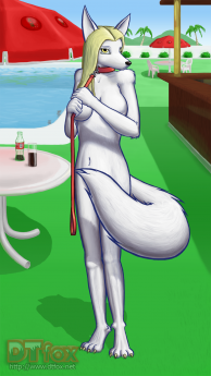 A white fox girl wearing a leash