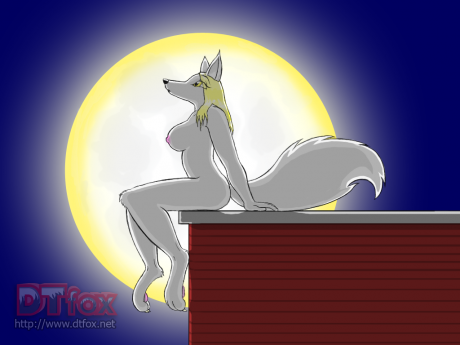 A white vixen sitting on a rooftop in front of the full moon
