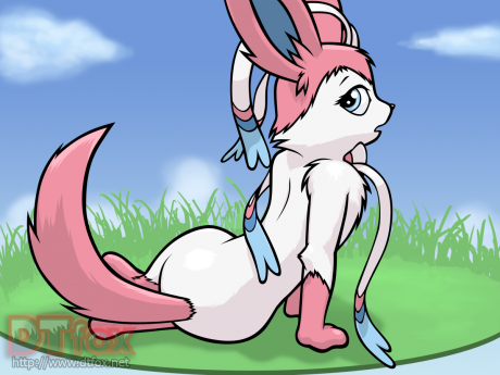 A surprised anthro Sylveon looks back towards the viewer