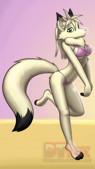 A sexy furry fox girl poses with an innocent expression on her face