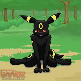 A furry Umbreon kneeling on the ground with a tired expression