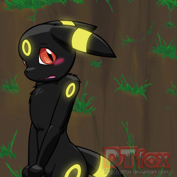 A shy anthro Umbreon blushes and looks nervously at the viewer