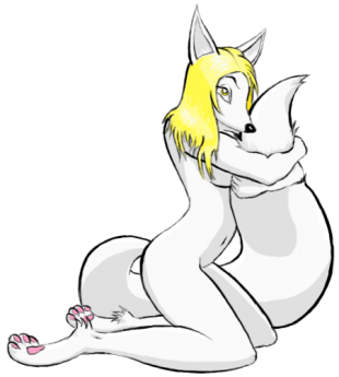 A white fluffy fox girl hugging her tail