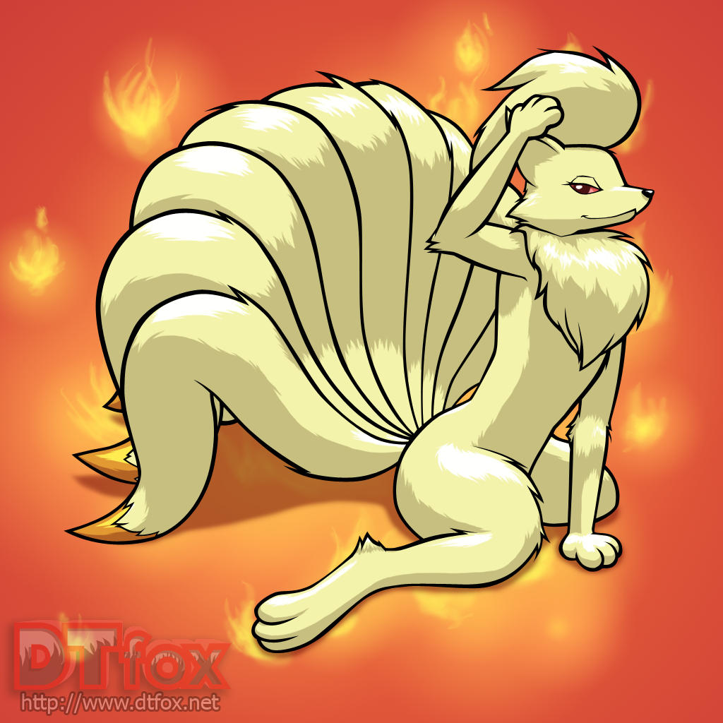 A furry Ninetales stroking its hair with its paw.