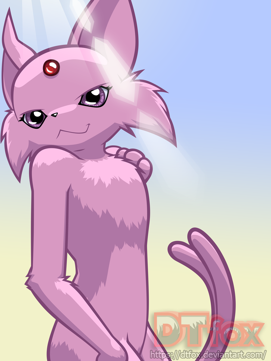 Espeon stares at the viewer with a sultry expression while bright sunlight pours down from above.