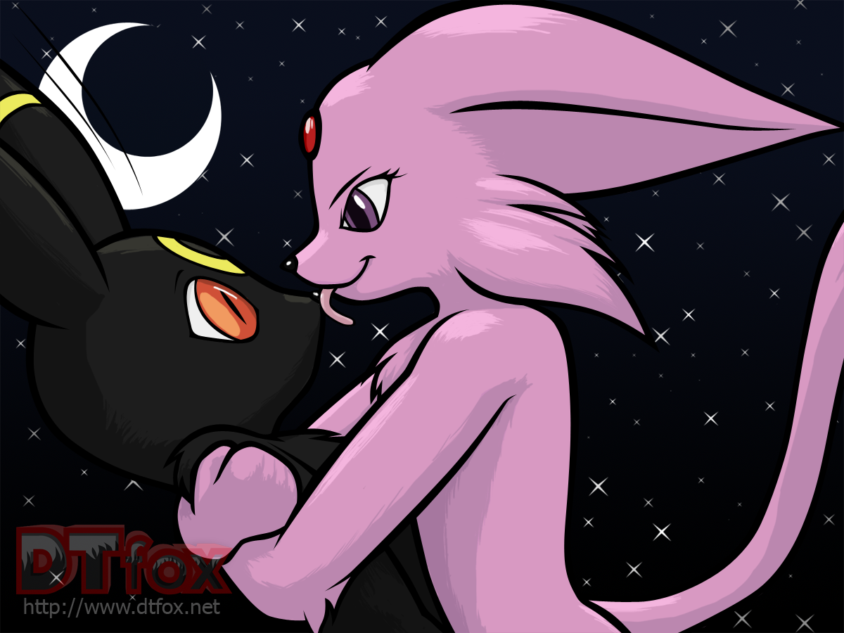 A furry anthro Espeon licking a startled anthro Umbreon's nose
