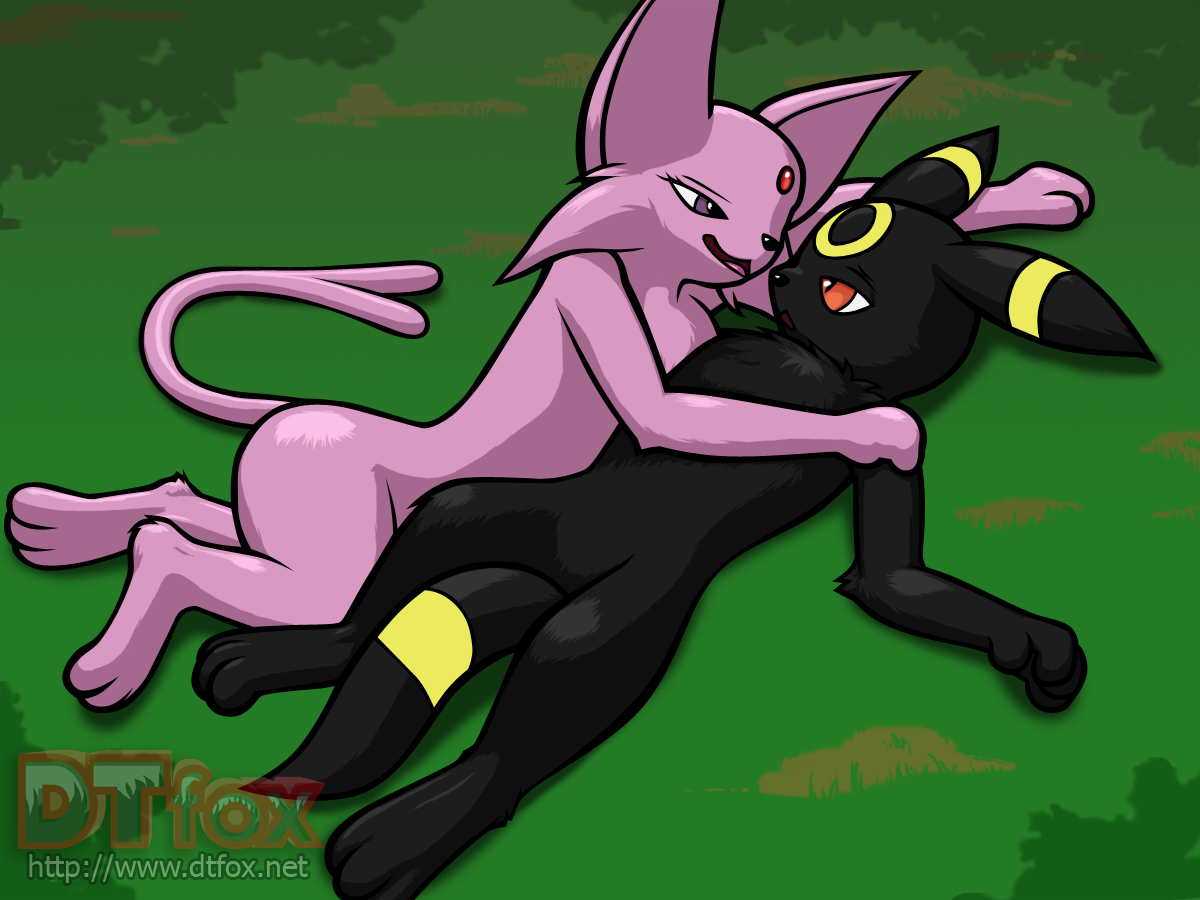 A furry anthro Espeon and furry anthro Umbreon laying next to each other on the grass