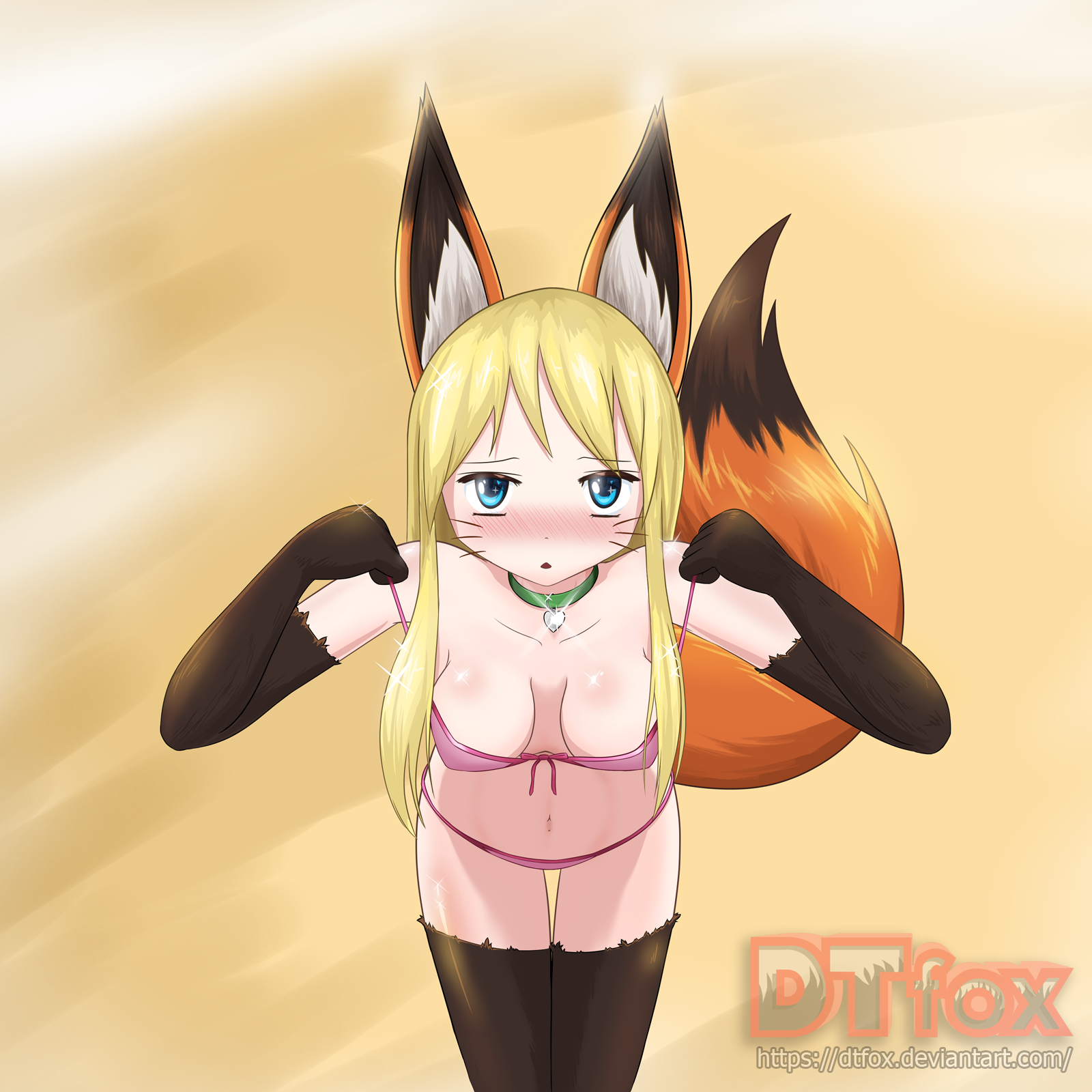 A fox girl takes off her bra as she leans forward to expose her breasts.