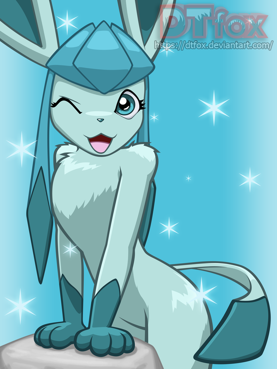 Glaceon leans on a rock and winks at the viewer
