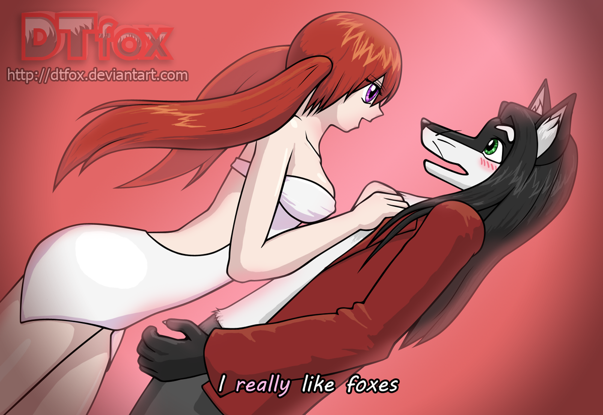 An anime girl with red hair looks lovingly at a furry fox with her hands on his chest