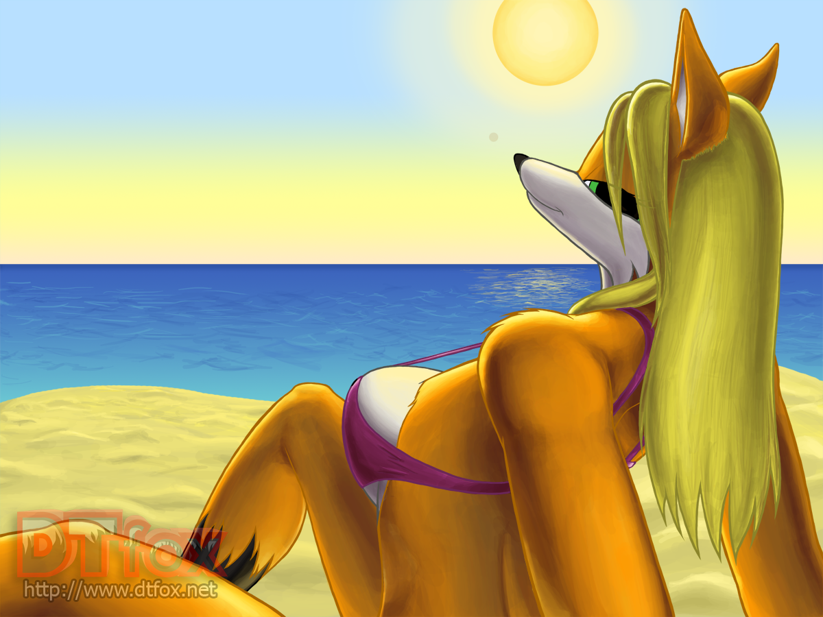 A fox girl lying on the beach