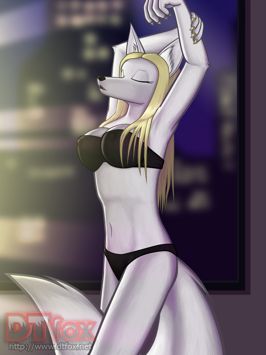A white fox girl in a black bikini posing
