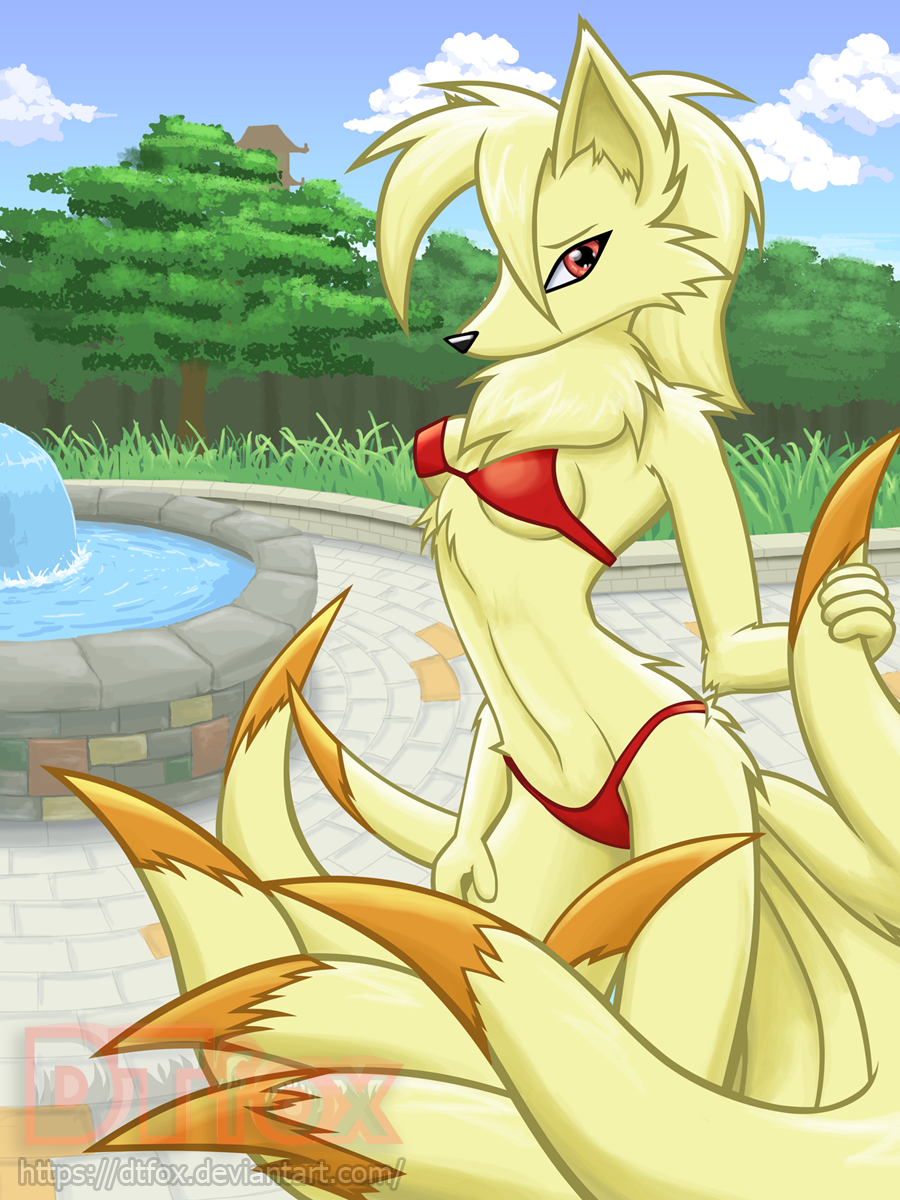 A sexy furry Ninetales poses in a bikini at the national park in Johto