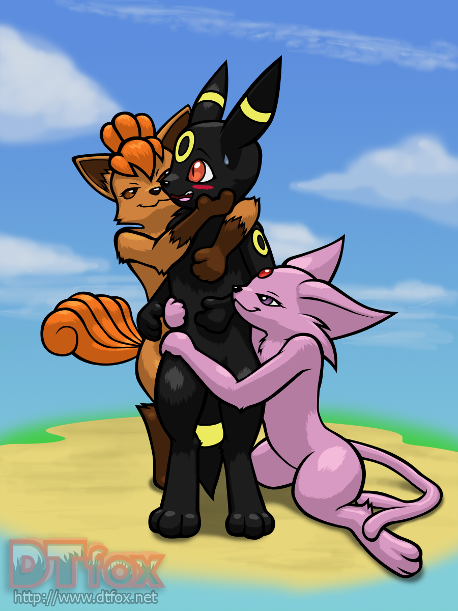 A furry anthro Vulpix and anthro Espeon hugging onto a surprised anthro Umbreon