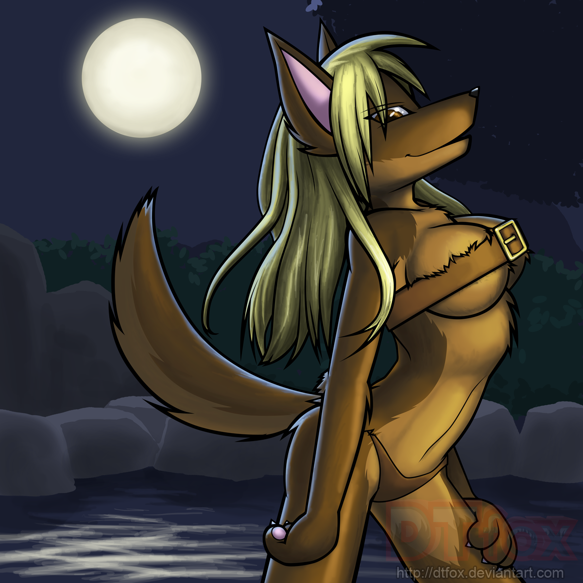 Furry wolf girl poses under the light of a full moom.