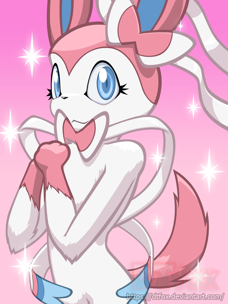 A Sylveon looks cutely at the viewer, surrounded in sparkles. 