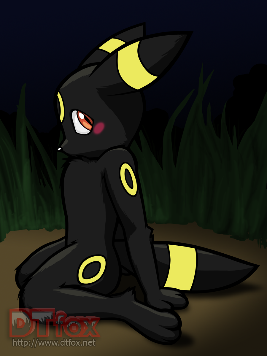 A shy anthro Umbreon kneeling in the grass and blushing as it looks towards the viewer