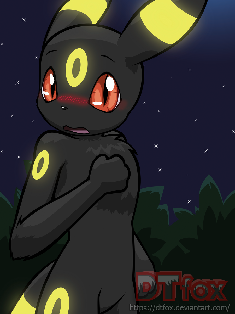 Umbreon looks at the viewer, blushing with a surprised expression.