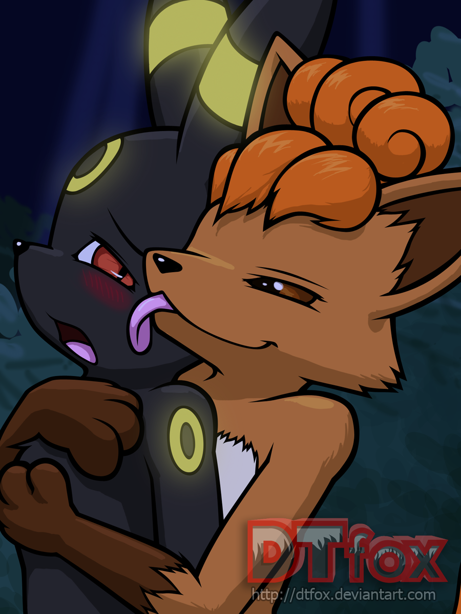 A furry Vulpix hugging an anthro Umbreon tightly from behind and licking Umbreon's cheek