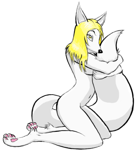 A white fluffy fox girl hugging her tail