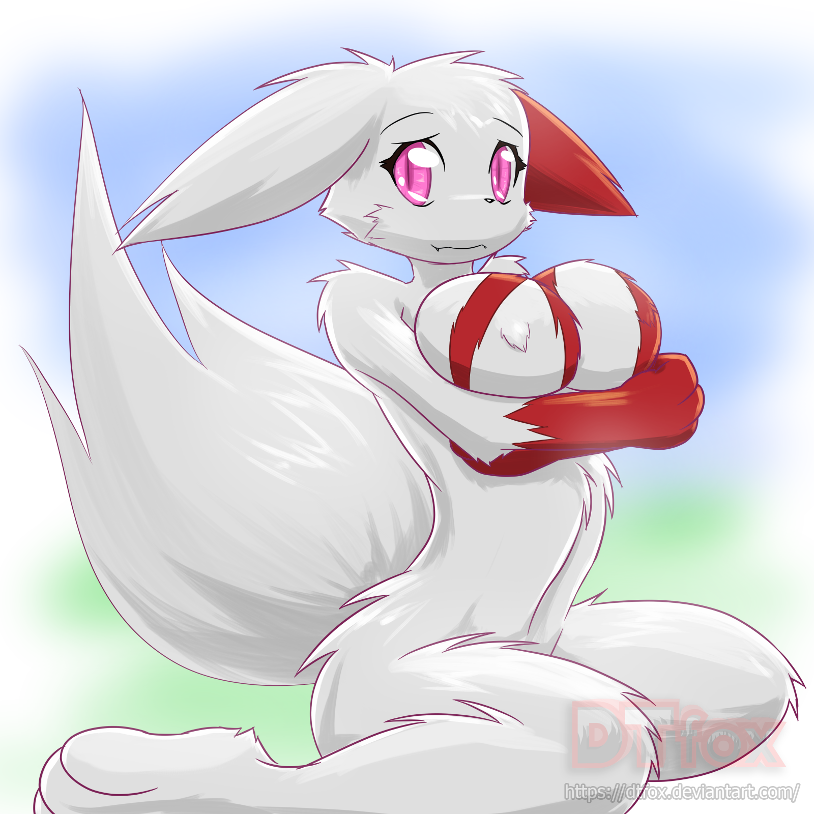 A heavily busty zangoose kneeling and holding her breasts as she smiles innocently